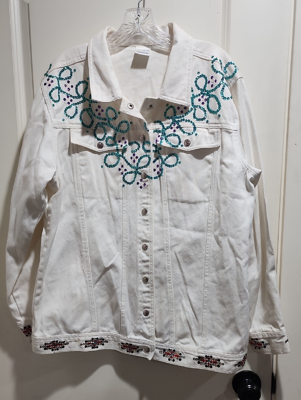 Vintage AVON Western Rhinestone Buffalo Skull White Denim Jacket Cowgirl Glam L